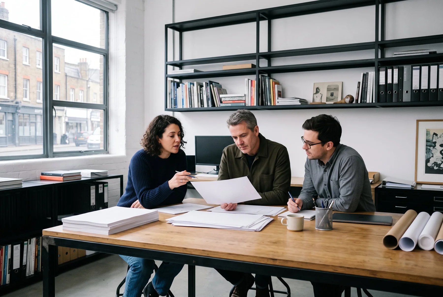 Creative collaborators reviewing an editorial brief