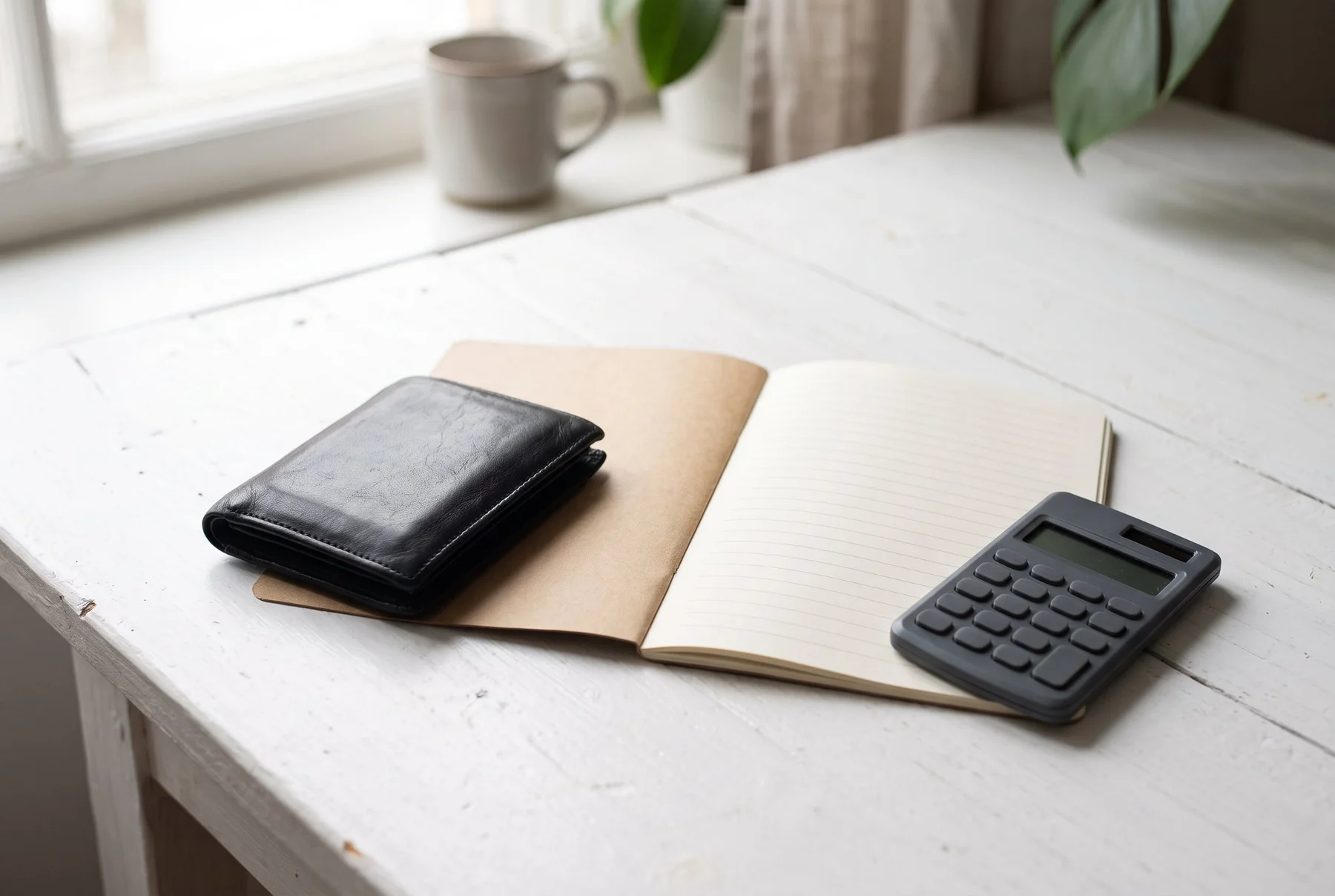 Notebook, household keys and calculator arranged for a budget review