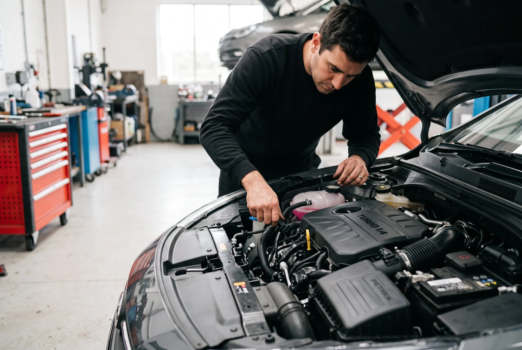 A technician examining the engine of a car in a specialist workshop