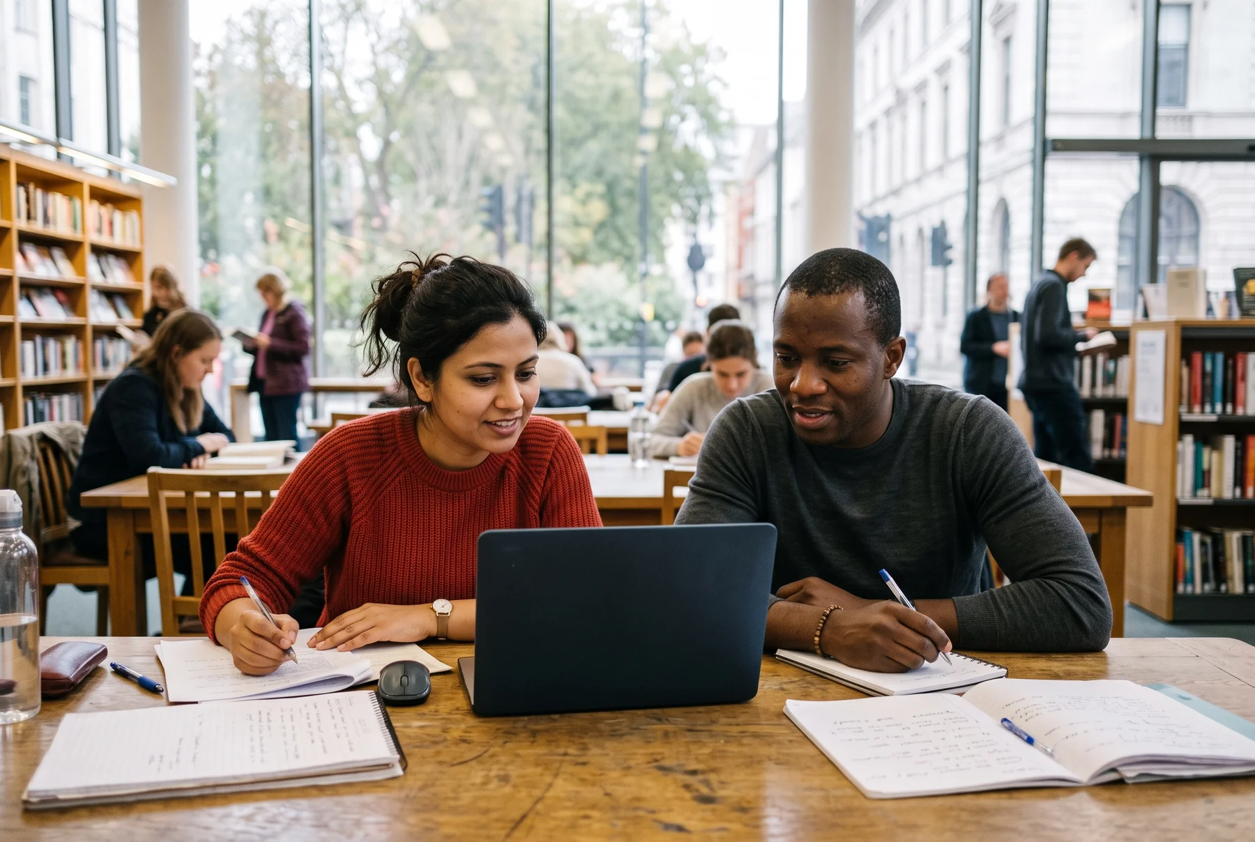 Two adults working together at a laptop in a library.